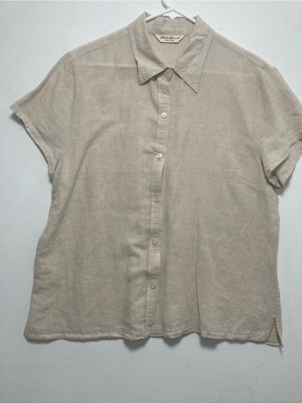 Eddie Bauer Vintage Linen Blend Short Sleeve Button Up Shirt Beige Size L Women' - Picture 14 of 16
